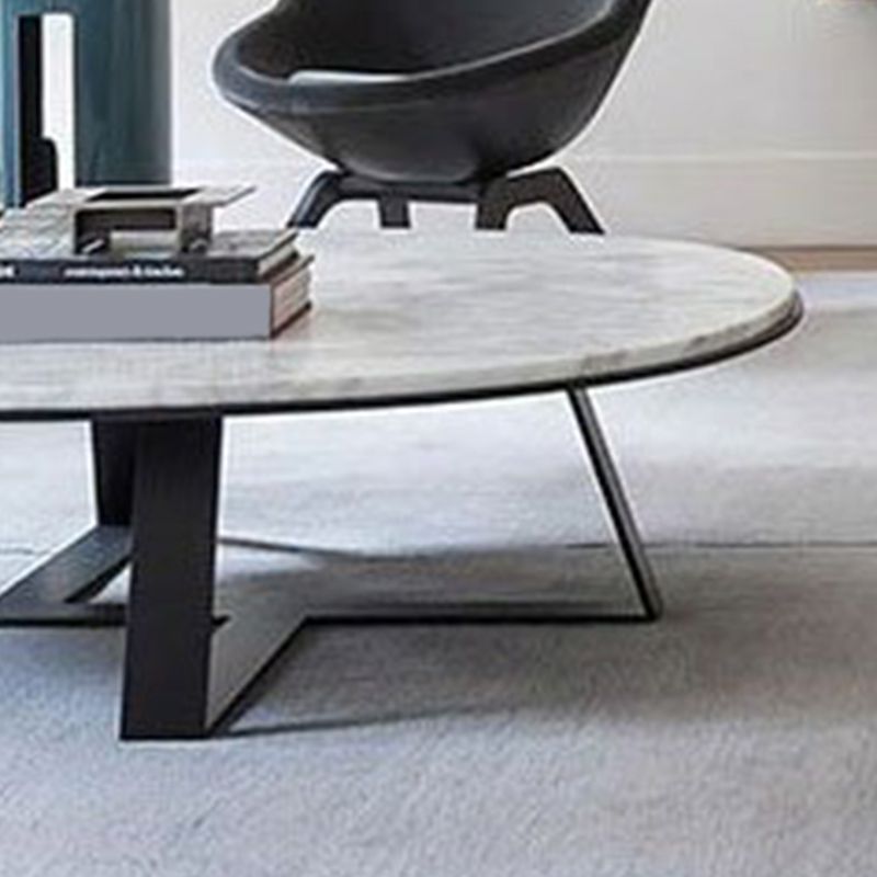 Oval Marble Top Coffee Table with Iron Cross Base Cocktail Table in White