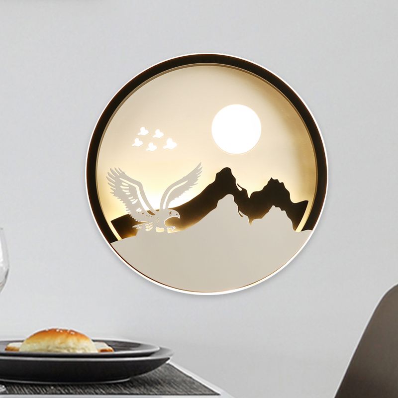ASIA Style Circolare Acrilico Acrilico Murale Light Lample a parete LED in nero con aquila e mountain