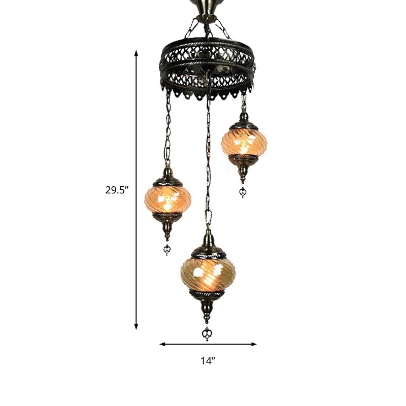 3/5/7 Bulbs Coffee House Hanging Chandelier Retro Bronze Ceiling Pendant Light with Spherical Colorful Glass Shade