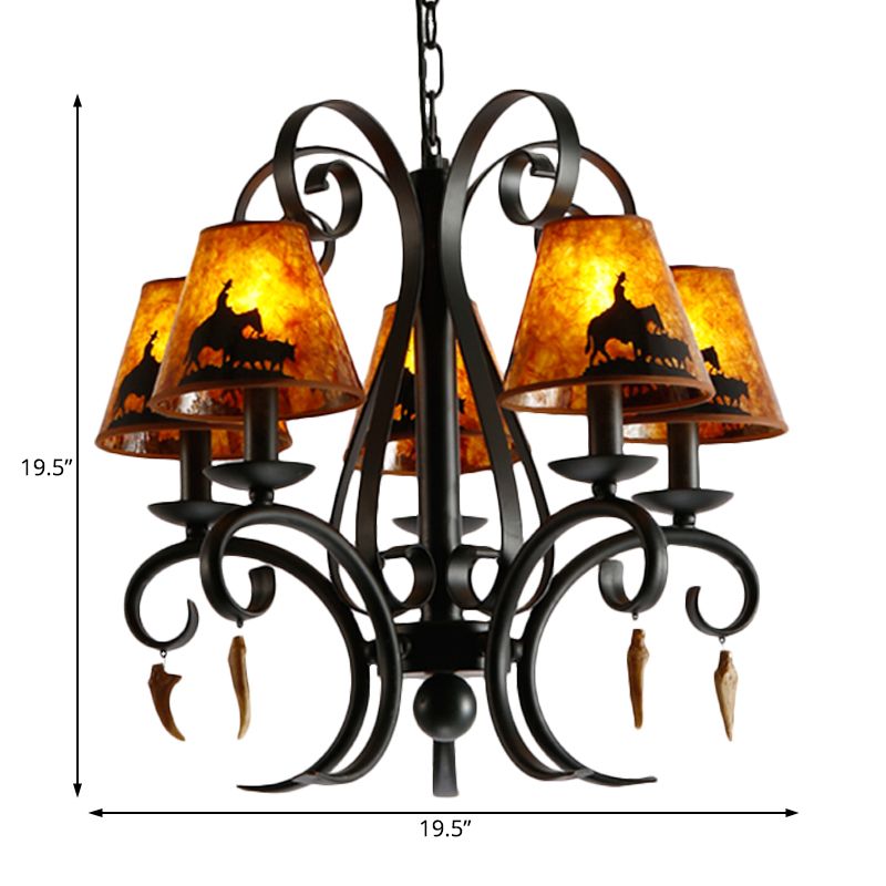5 ampoules salle à manger lampe de plafond country métal métal noir de lustre noir avec une teinte en tissu cône