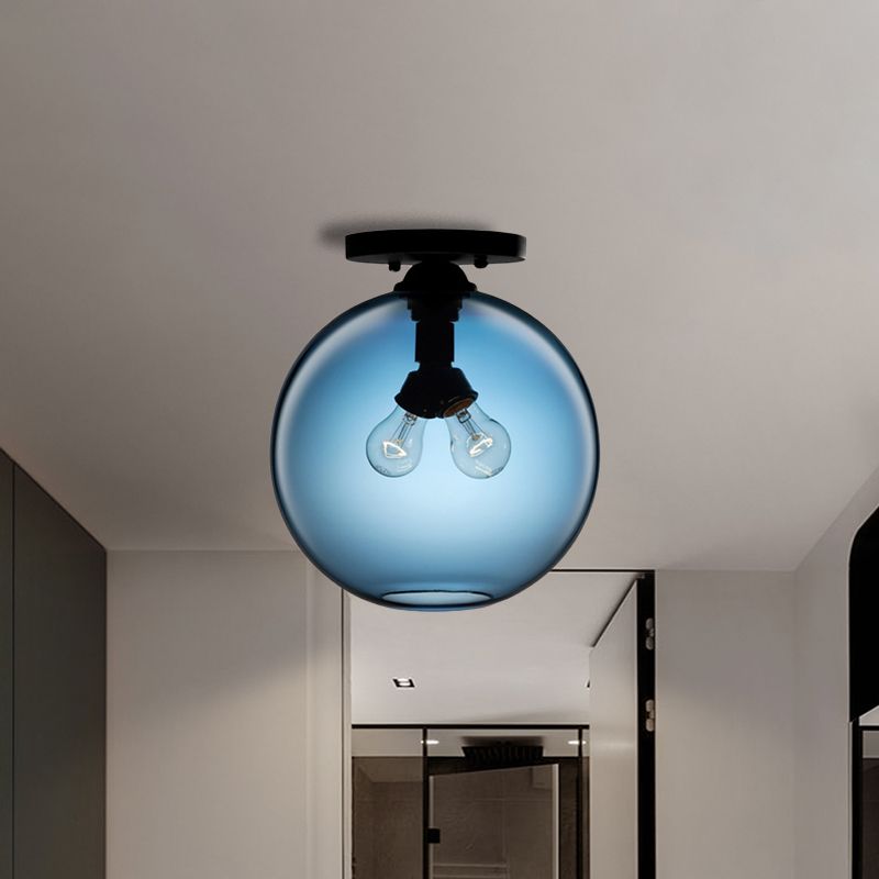 Globe Shade Semi Flush Dining Room Red/Brown/Blue Glass Industrial Style 1/2 Light Black Ceiling Lighting