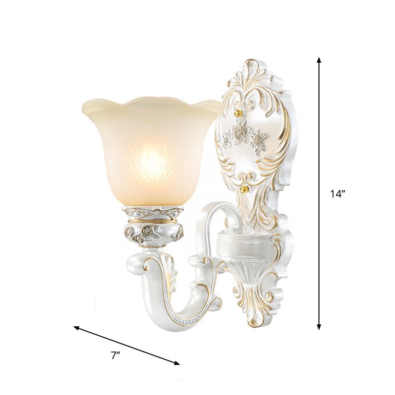 1/2-Bulb Scalloped-Trim Bell Wall Light Traditional White-Gold Frosted Glass Wall Mount Lighting