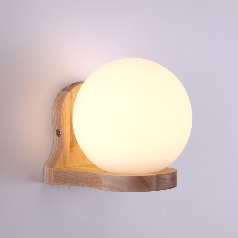 Modernism 1 Bulb Wall Lighting Wood Spherical Sconce Light Fixture with Milk Glass Shade