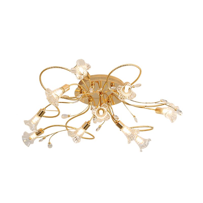 Crystal Floral Semi Flush Mount moderne 10/15 têtes près de l'éclairage de plafond en or pour le salon