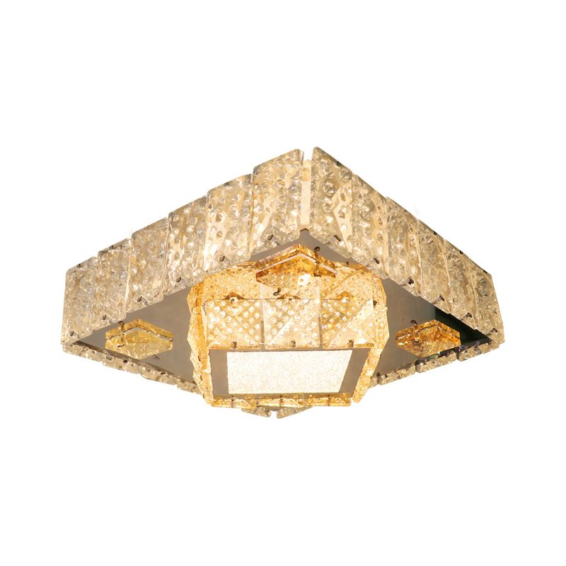 Modern Square Light Fixture Clear Crystal Blocks LED Flush Mount Lamp in Stainless-Steel