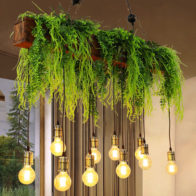 10 Bulbs Island Light Industrial Bare Bulb Metal Hanging Light with Faux Fern Deco in Green