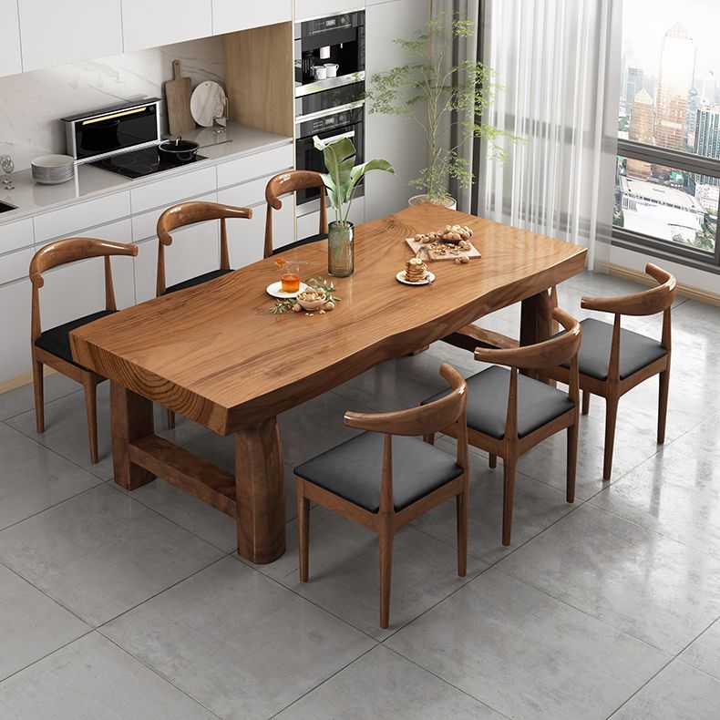 Modern massief houten rechthoek eettafel bruine keuken eettafel met dubbele voetstukbases