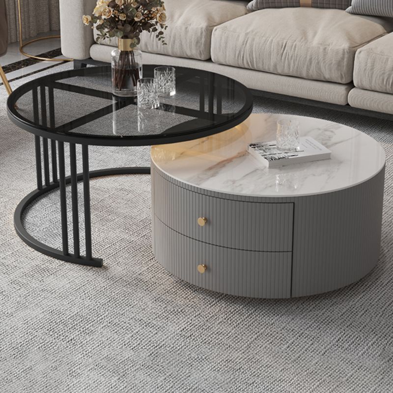 Contemporary Cocktail Table Round Glass / Slate Coffee Table with Drawers