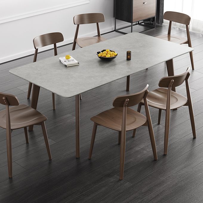 Mesa de comedor moderna de mediados de siglo, mesa de comedor rectangular de piedra sinterizada con base de madera