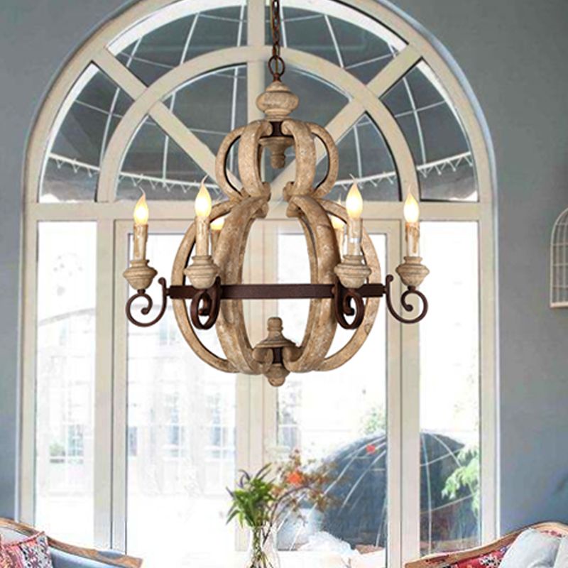 6-Light Chandelier Light Antique Living Room Suspension Pendant with Candle Wood in Beige