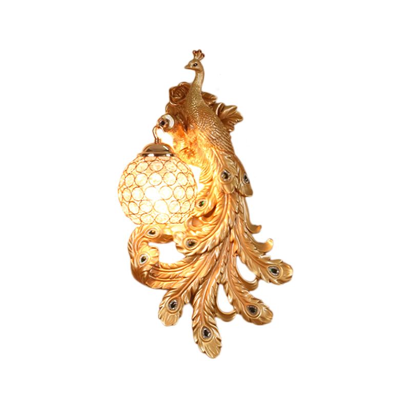 1 Light Blue/Gold Peacock Wall Lamp Country Resin 1/2-Pack Sconce Lighting with Crystal Globe Shade, Double/Right/Left