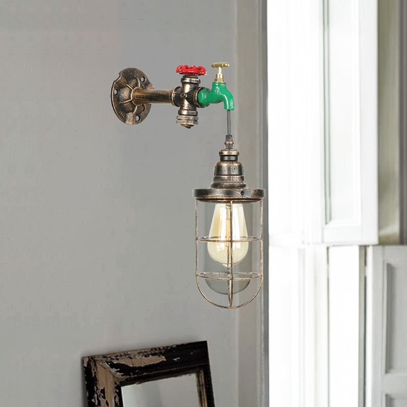 Wasserhahndesign Metall Wandlampe Steampunk Style 1 Lampenbalkon Wandleuchte mit Drahtschutz in antiker Bronze