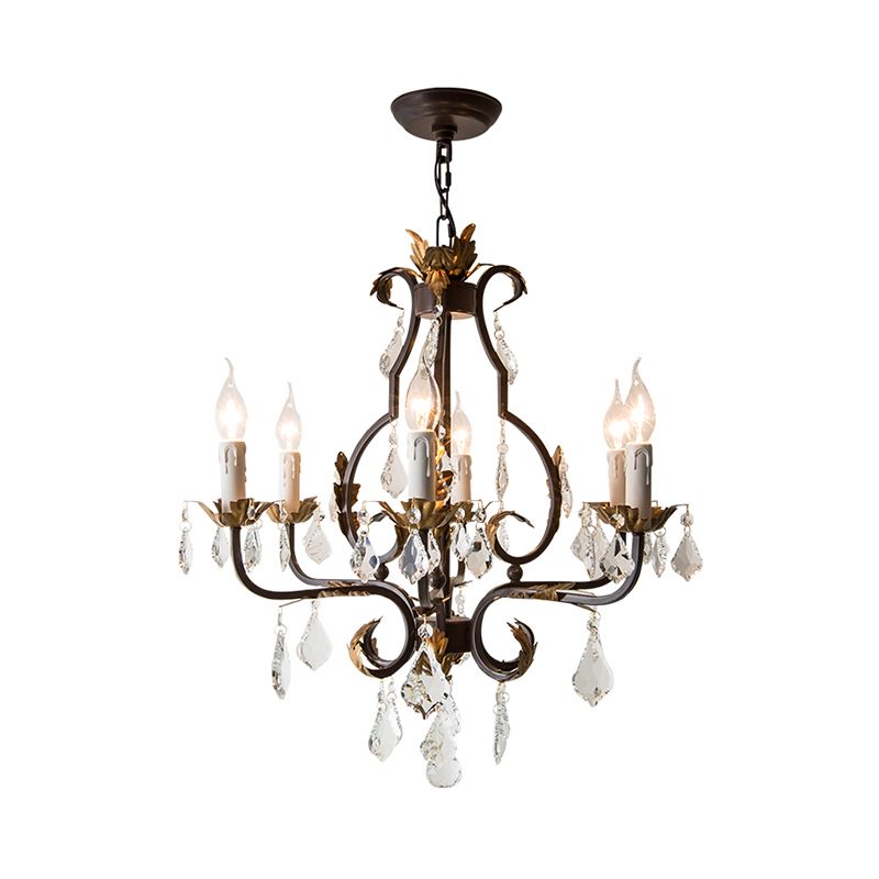 Rust Swooping Arm Chandelier Lamp Traditional Wood Living Room Pendant Light Kit with Crystal Accent