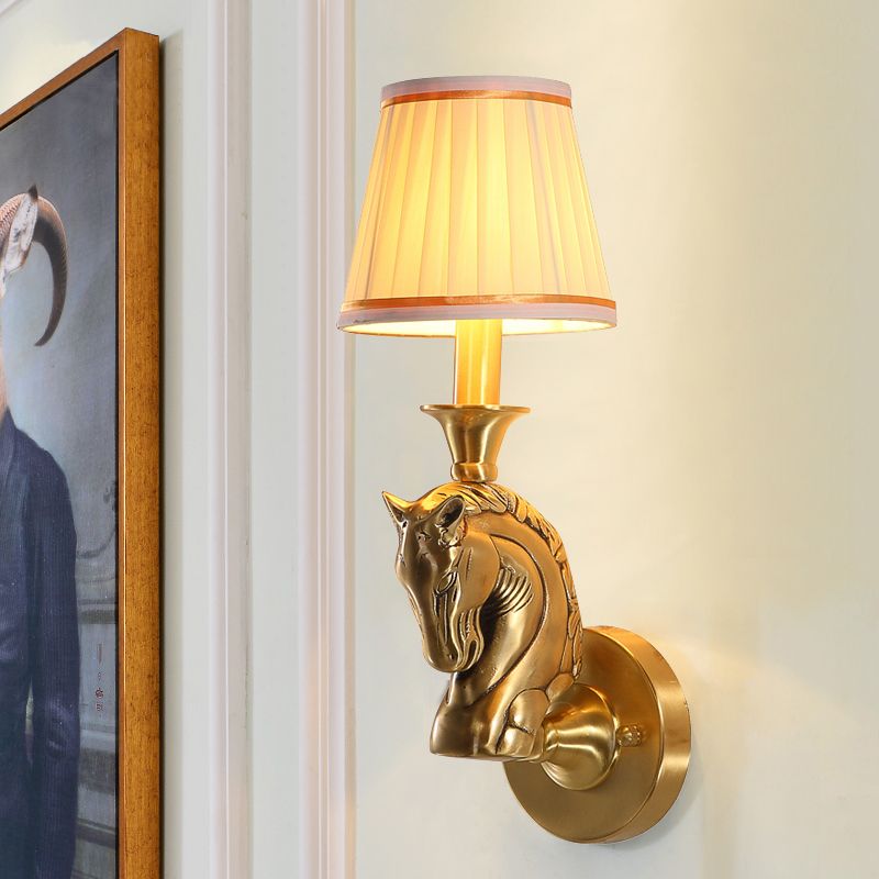 Fabric Conical Wall Light Fixture Rustic 1 Bulb Hallway Wall Lamp Sconce in Gold with Horse Head Arm