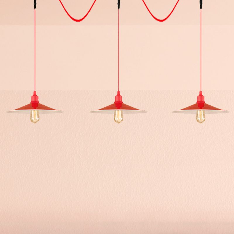 Industrial Style Flared Hanging Lamp 3/5 Lights Metallic Hanging Light Fixture in Red for Kitchen