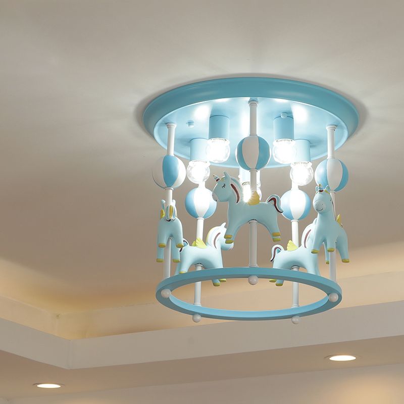 Cartoon Merry-Go-Round Semi Flush Resin 6 Heads Dormitorio Flush Lighting Lights