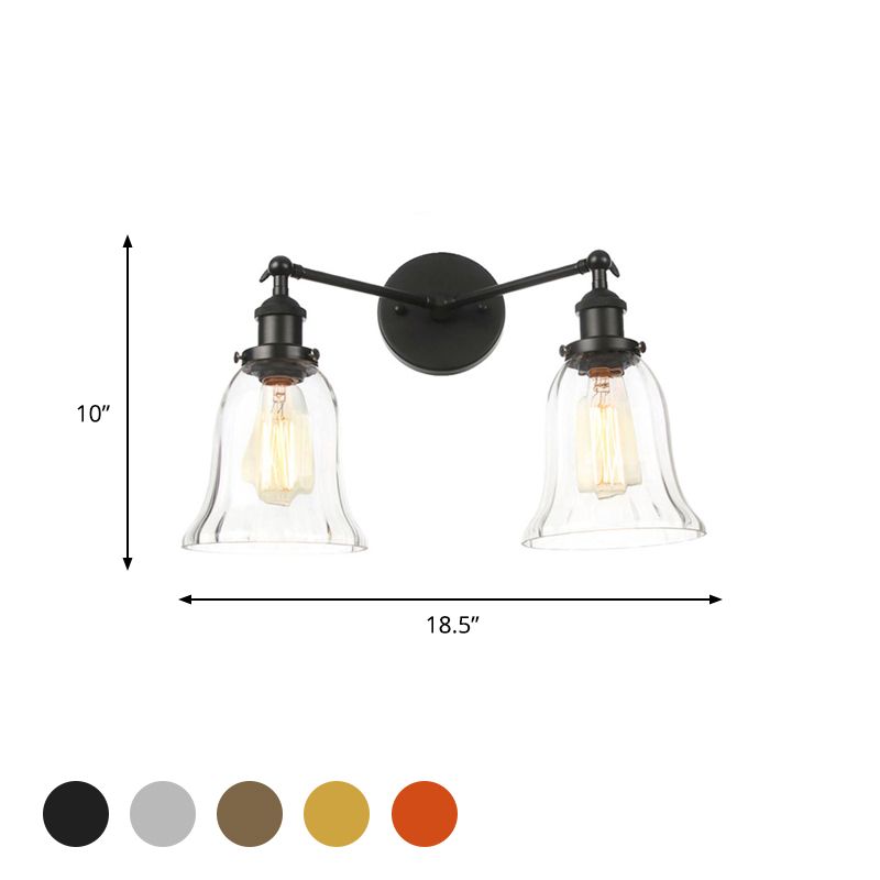 2 Lights Indoor Wall Lighting Industrial Style Black/Chrome/Bronze Sconce with Bell Clear Glass Shade