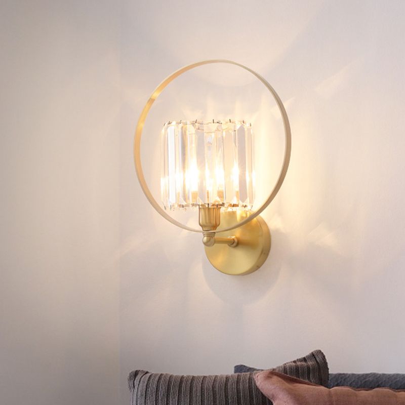 Clear Crystal Blocks Gold Wall Light Sconce Ring Frame 1 Bulb Contemporary Wall Mount Lamp