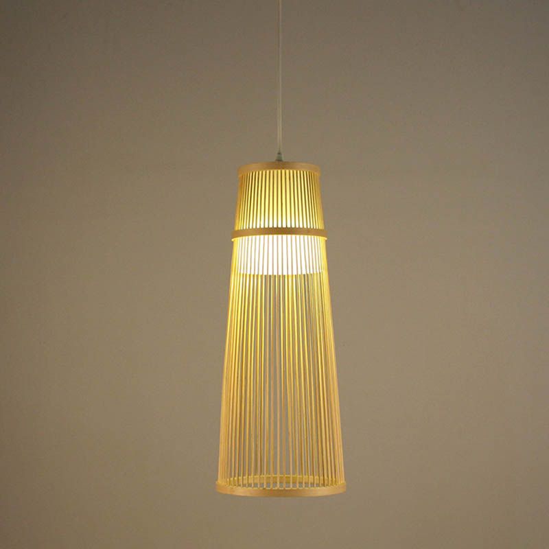 Beige Conical Drop Lamp Asian Style Single Bulb Bamboo Hanging Ceiling Light for Living Room