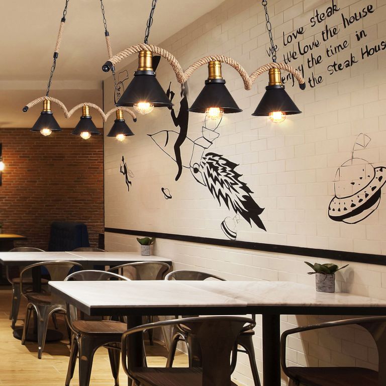 3-Light Retro Hemp Rope Island Light Black Cone Metal Shade Industrial Style Pendant for Restaurant Bar
