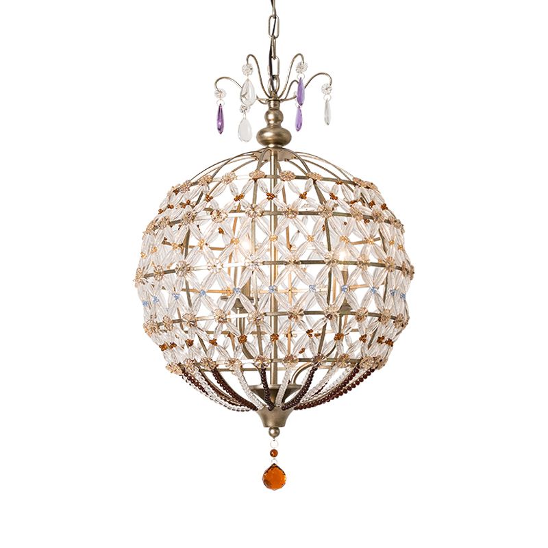 Champagne Globe Frame Chandelier Light Traditional Metal 4 Lights Dining Room Hanging Light with Crystal Accent