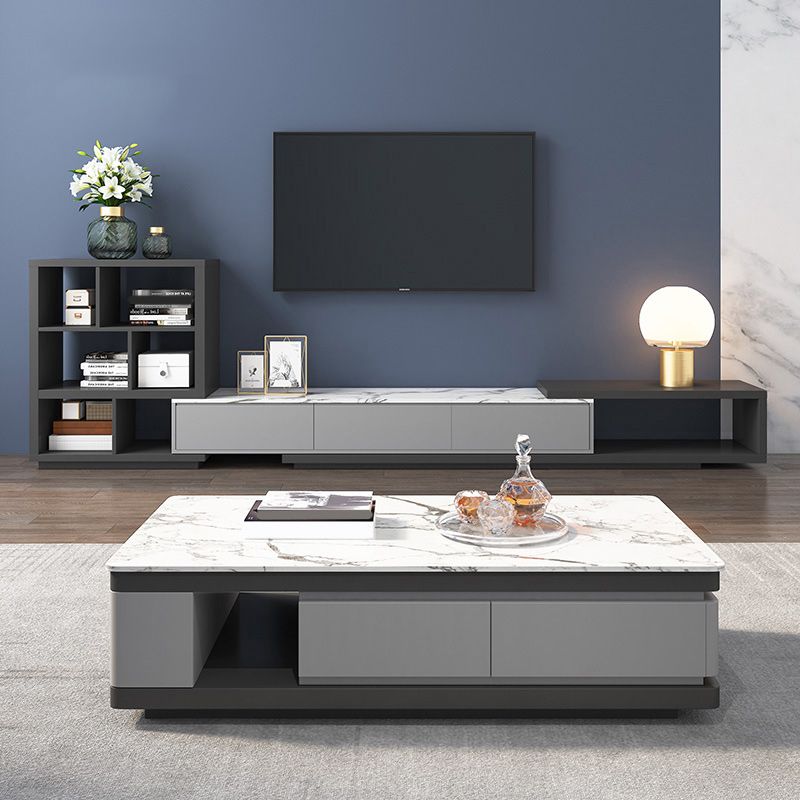 White Contemporary Marble Top Coffee Cocktail Table with Storage