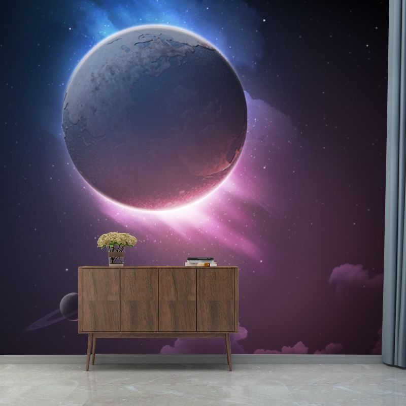 Sci-Fi Eclipses Wallpaper Mural for Bedroom Customized Wall Covering in Purple-Black