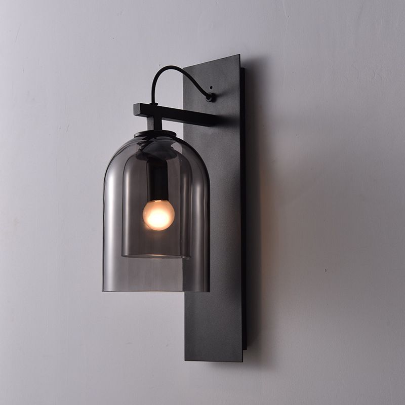 1 Bulb Living Room Sconce Fixture Mid-Century Black Wall Light with Dual Dome Glass Shade