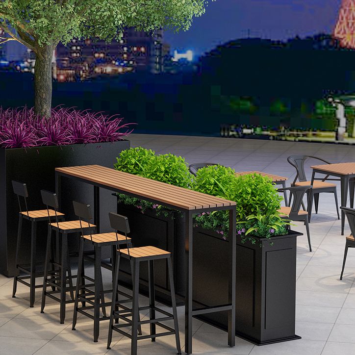 Outdoor Industrial Counter Stool Wood and Metal Black Footrest Bar Stool