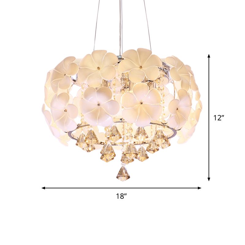 White 5/8 Lights Pendulum Light Modernism Flower Crystal Drum Frame Chandelier Lamp Fixture, 18"/21.5" Wide