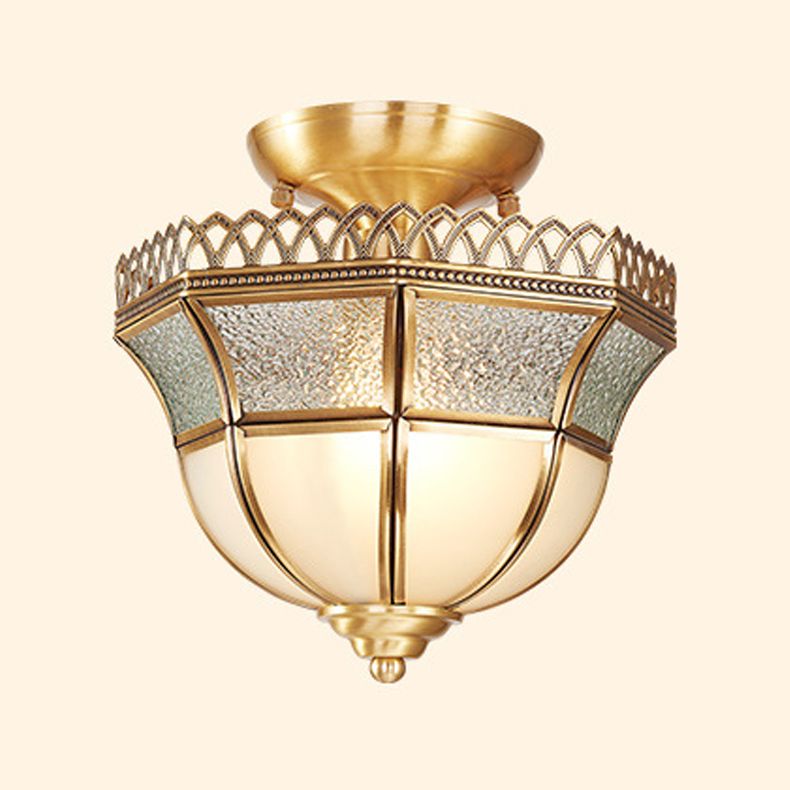 Schoolhouse Aisle Close to Ceiling Lighting Vintage Glass Brass Semi Flush Light