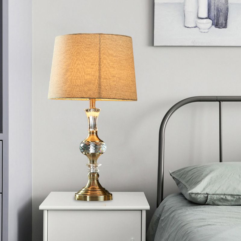 Fabric Beige Night Stand Lamp Tapered Pleated Shade 1 Bulb Traditional Table Light with Crystal Balls