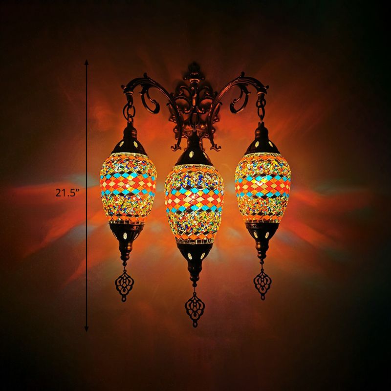 Stained Glass Yellow/Orange/Blue Wall Mount Light Oval 3 Lights Vintage Sconce Light Fixture