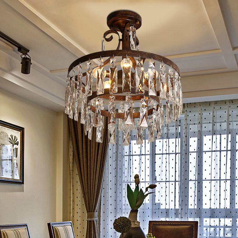 5 Heads Semi Flush Light Vintage Drum Crystal Flute Close to Ceiling Lighting Fixture in Black