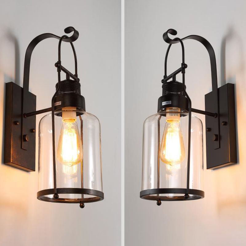 Schwarz 1-Licht-Wandmontage Leuchte Industrielle Clearglaszylinderlampe