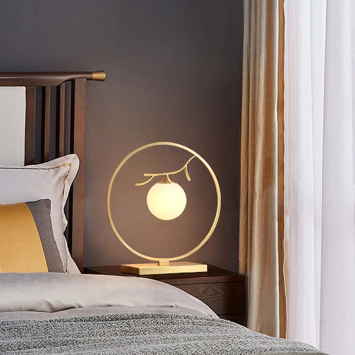 Postmodern Ball Shade Nightstand Lamp Ivory Glass 1-Light Living Room Table Light in Brass