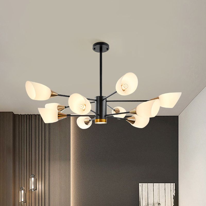 6/10/16 Bulbs Living Room Ceiling Pendant Postmodern Black/Gold Chandelier with Tulip White Glass Shade