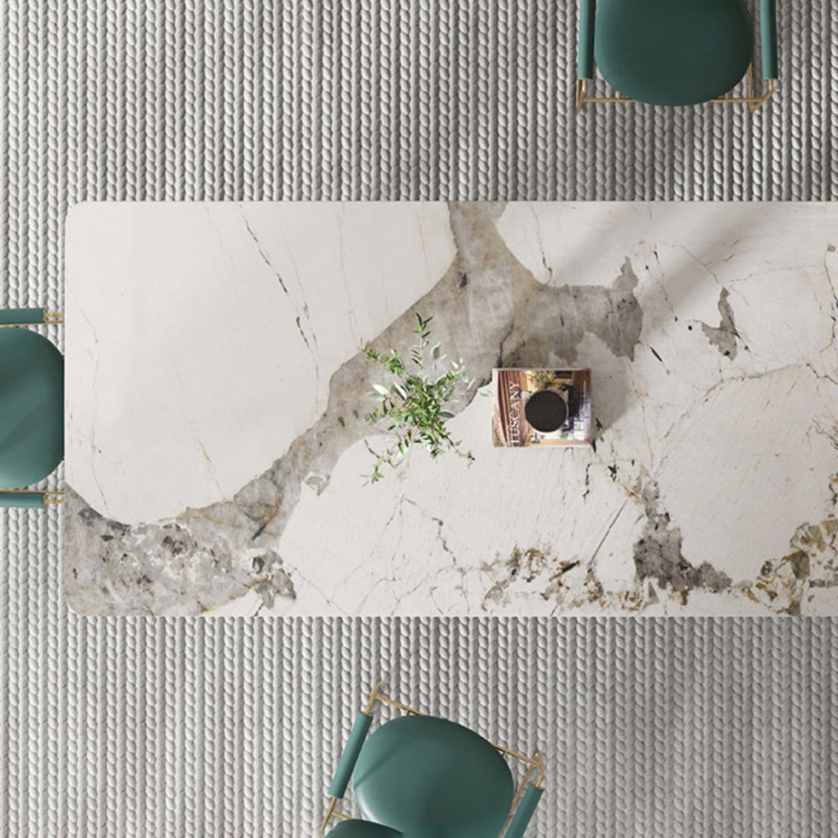 Mesa de comedor de piedra sinterizada de estilo contemporáneo con mesa fija blanca y base de doble pedestal