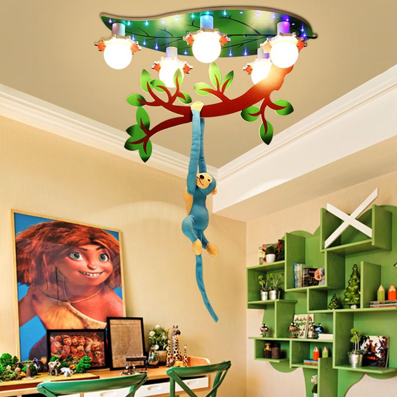Cartoon Jungle Monkey Ceiling Flush Light Acrylic 5-Bulb Kindergarten Semi Mount Lighting in Green