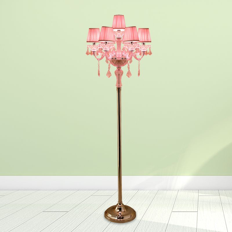 Lampada di lettura del pavimento rosa cristallino Candelestick 5/6/7-head Light Light con paralume a pieghe