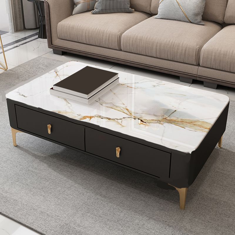 Glam Rectangle Stone Coffee Table Single 4 Legs Coffee Table with Storage Drawers