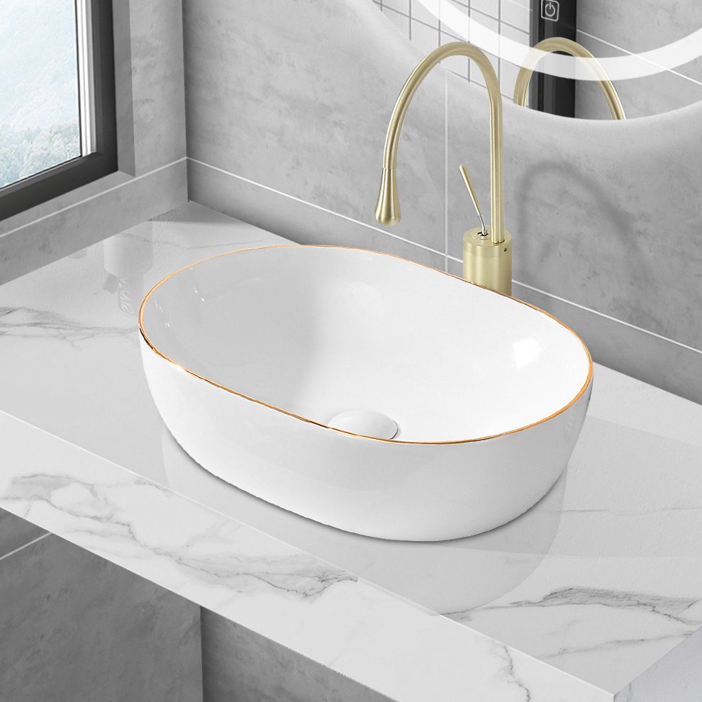 Modern Vessel Lavatory Sink Porcelain Oval Shut-Off Valve Included Vessel