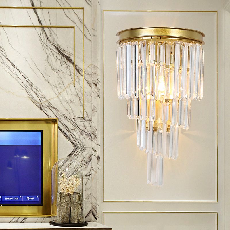 1 Lights Bedside Wall Lighting Fixture Modernism Style Golden Wall Lamp with Clear Crystal Block Shape
