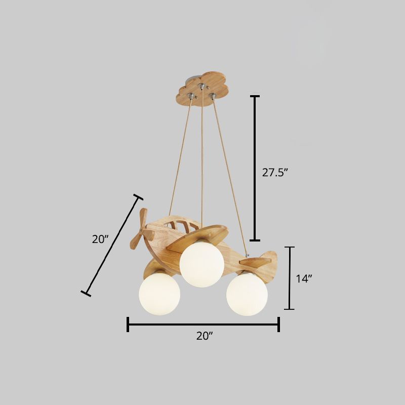 Cartoon Aircraft Pendant Chandelier Wooden 3-Bulb Kids Room Hanging Light with Ball White Glass Shade