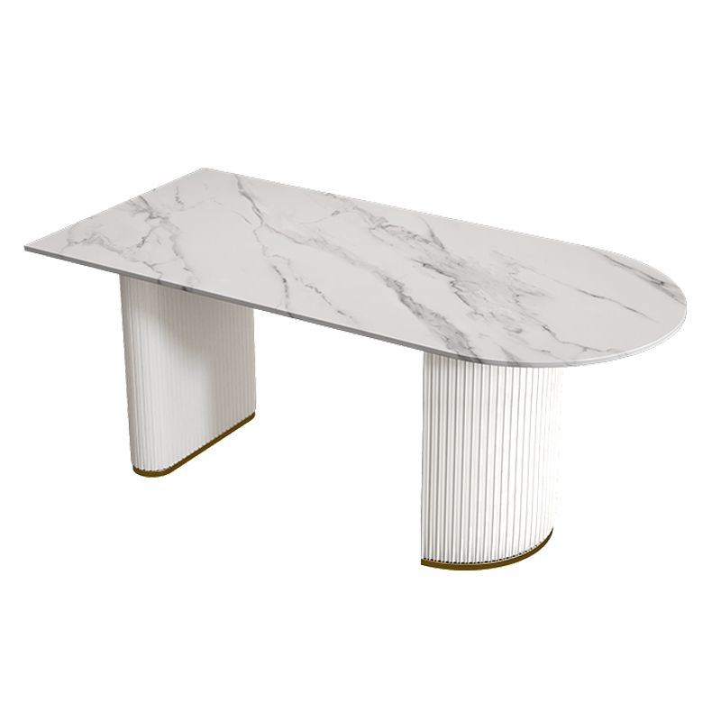 Mesa de forma de comedor de piedra sinterizada de estilo contemporáneo con base de doble pedestal