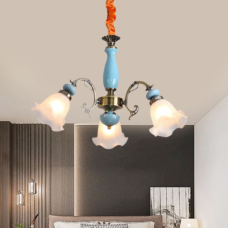 Lampadario a soffitto in vetro di fiori di fiori tradizionale 3/5 teste soggiorno luce a pendolo in azzurro/peltro