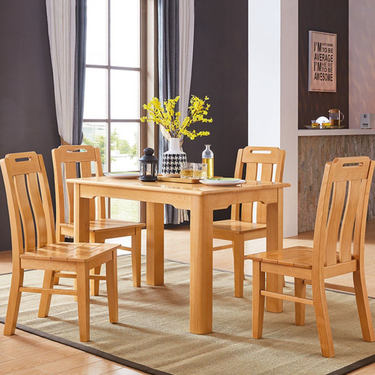 Mid-Century Modern Solid Wood Dining Table Beech Wood Top Table with 4 Legs