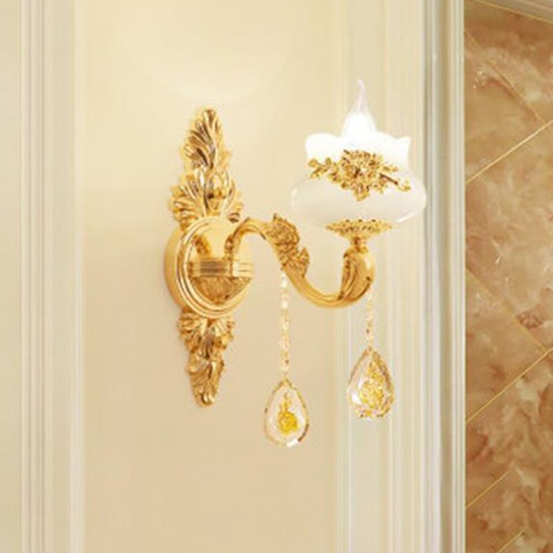 Imitation Jade Gold Wall Mount Light Bud Traditional Wall Light Fixture with Crystal Draping