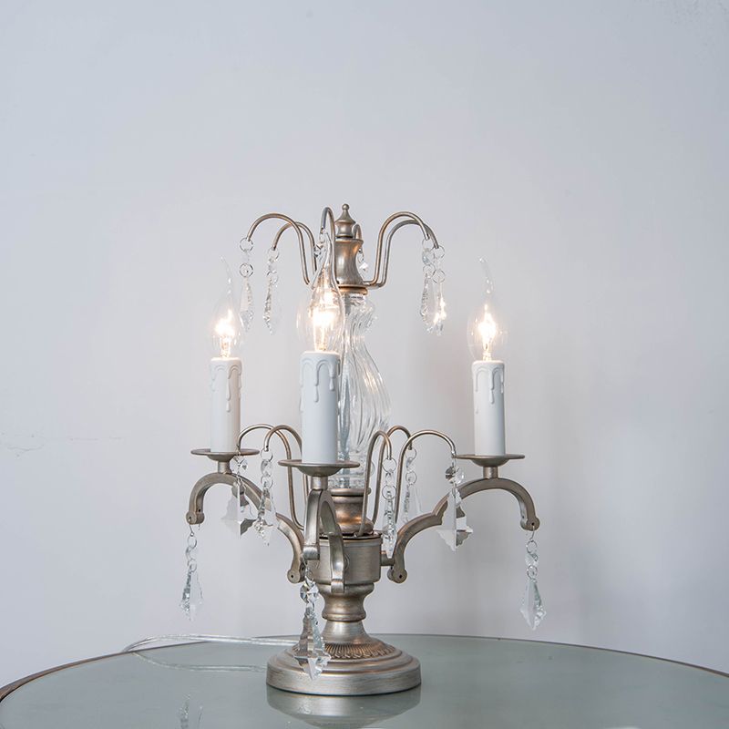 Lampada da comodino in stile rustico a 3 teste con candela notturna in metallo argento con gocciolina di cristallo