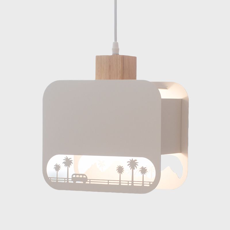 1 Bulb Kid Bedroom Hanging Light Kit Nordic White and Wood Pendant Lamp with Etched Square Iron Shade